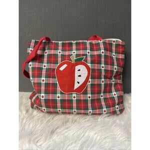 Vintage Apple Tote Teacher Bag Gingham Plaid Shoulder Bag with Handles Red White